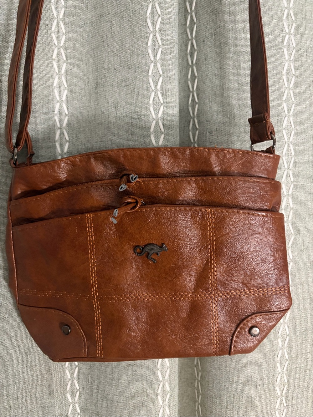 Kangaroo Logo Brown Leather Crossbody Bag - Women's Everyday Shoulder Bag